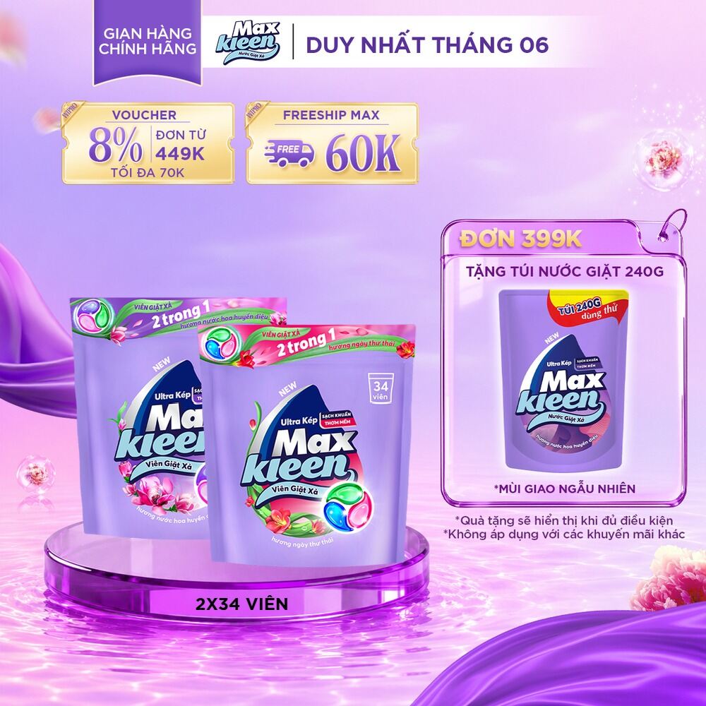 Combo Túi Viên Giặt Xả MaxKleen hương Ngày Thư Thái + Hương Hoa Huyền Diệu (34 viên/ túi)