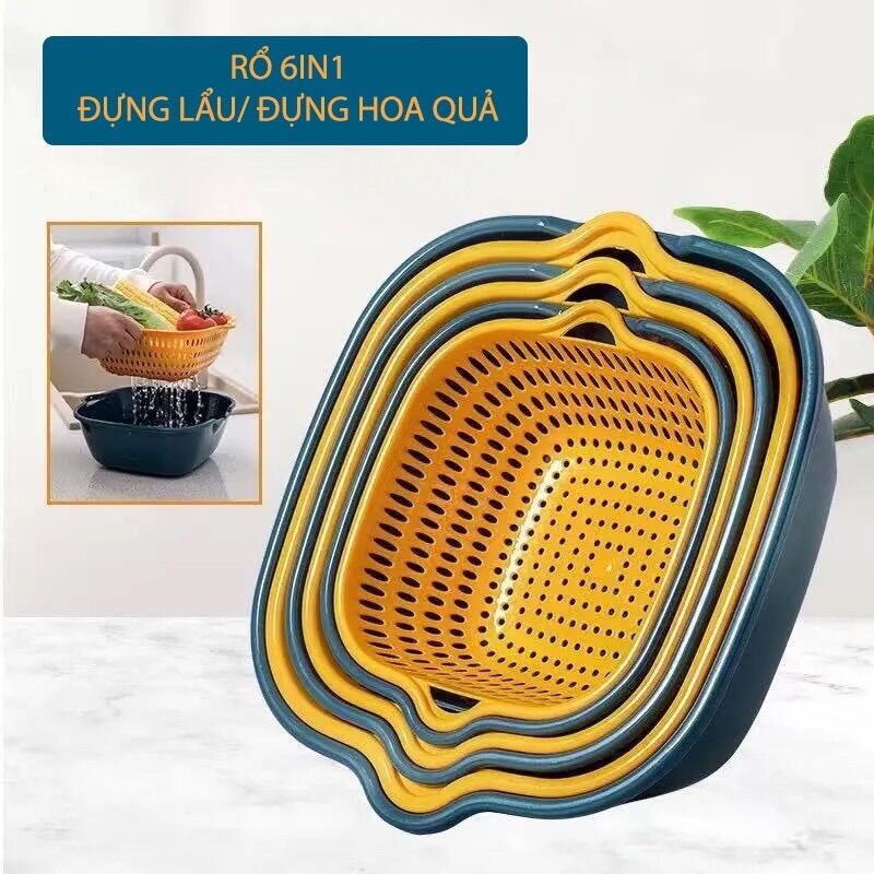 Sét 6 món rổ kèm chậu 3 rổ và chậu , thau nhựa rửa rau củ đựng hoa quả, trái cây 2 lớp hình tròn chậu nhựa