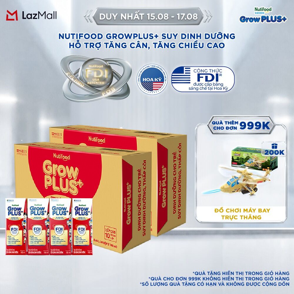 [HCM/HN - GIAO HÀNG HỎA TỐC] Combo 2 Thùng Sữa Nước Pha Sẵn Nutifood GrowPLUS+ Suy Dinh Dưỡng - Hỗ Trợ Tăng Cân, Tăng Chiều Cao - Trên 1 tuổi (48 Hộp x 180ml) (Bao bì tùy đợt nhập hàng)