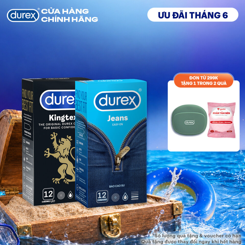 Combo 1 hộp Bao cao su Durex Kingtex 49mm 12 bao  1 hộp Bao cao su Durex Jeans 52.5mm 12 bao