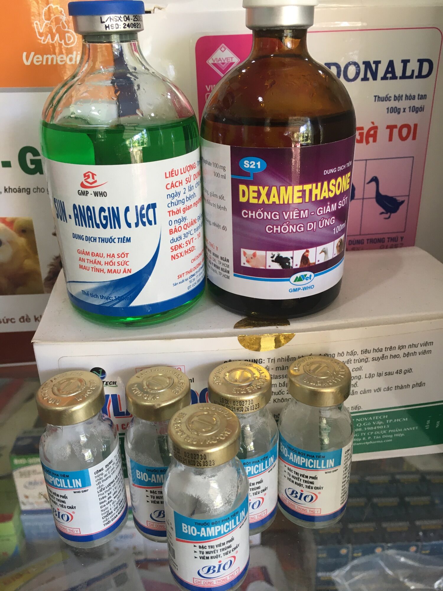 Bộ 3 pha tiêm ( 5 lọ ampicilline+ 1 chai dexa 100 ml+ 1 chai anagin c 100 ml).