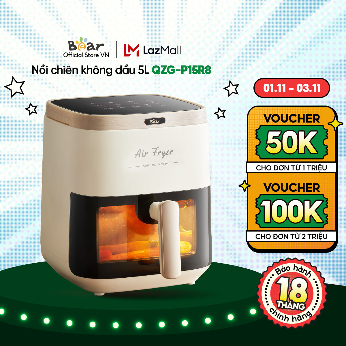 Nồi Chiên Không Dầu Bear QZG-P15R8 5L, Màn Hình Cảm Ứng, Công Suất 1500W, Màu Be