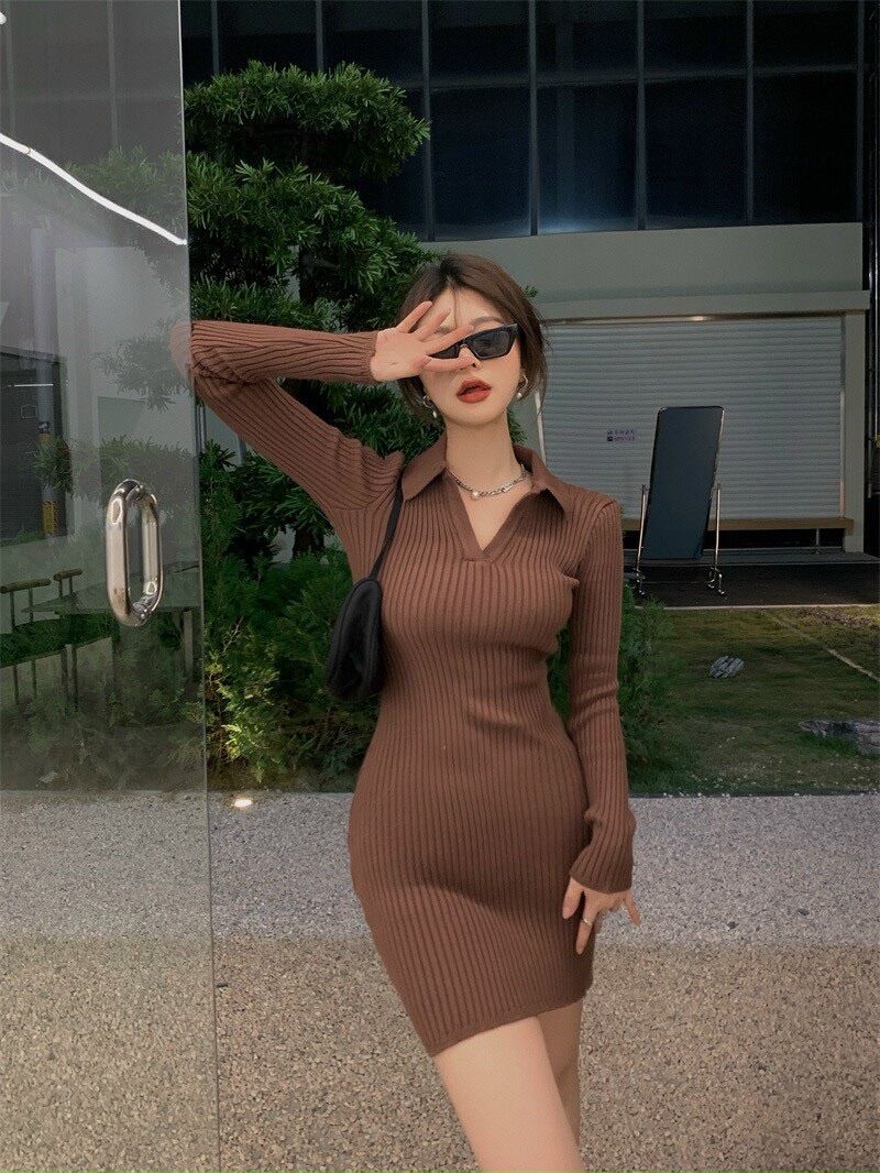 Đầm body gân tăm trơn cổ bẻ BDT1