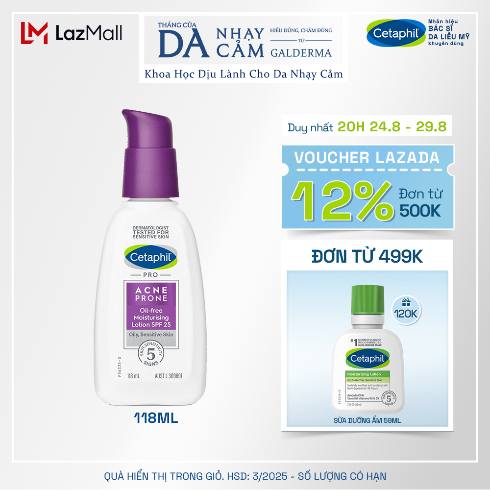 Sữa dưỡng ẩm cho da dầu mụn, nhạy cảm Cetaphil Pro Acne Prone Oil-free Moisturizing Lotion SPF 25 118ml