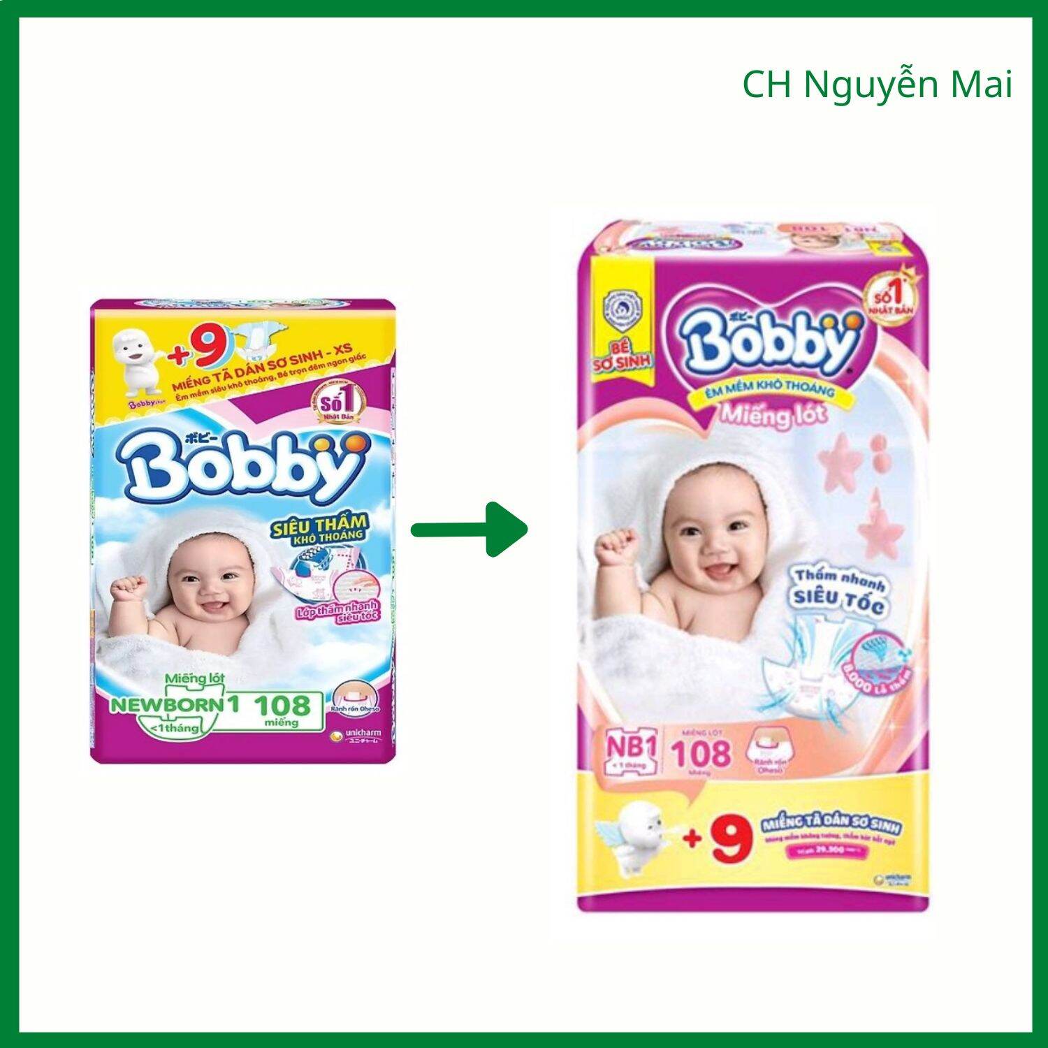 [Tặng 9 Miếng] Miếng Lót Siêu Thấm Bobby Newborn 1 - 108 Miếng (< 5kg)