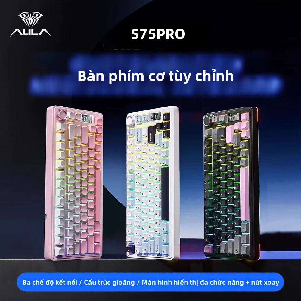 Bàn Phím Cơ Chơi Game AULA S75 Pro 75% RGB Có Đèn Nền Không Dây Với Núm Điều Khiển Màn Hình LED, Hỗ Trợ Thay Nóng, Keycap PBT Dành Cho Máy Tính Để Bàn, Laptop, Máy Tính Bảng