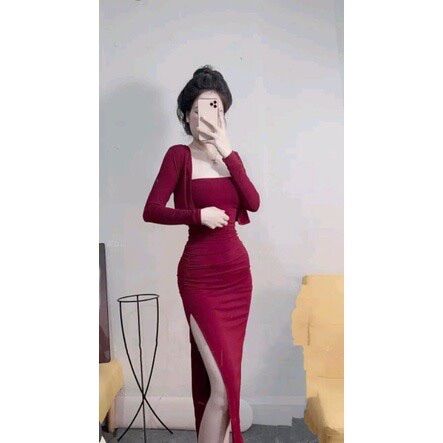 SÉT ĐẦM THUN GÂN XẺ KÈM ÁO KHOÁC DBD77