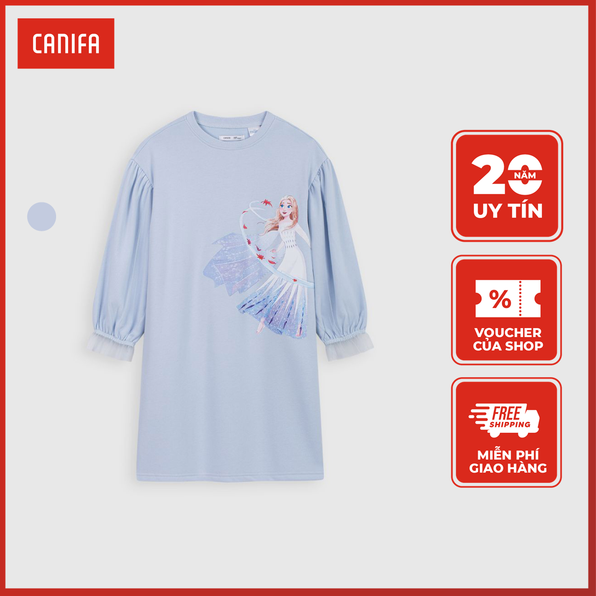 Váy liền bé gái CANIFA chất liệu cotton pha, tay phối lưới, dáng suông 1DS22W025