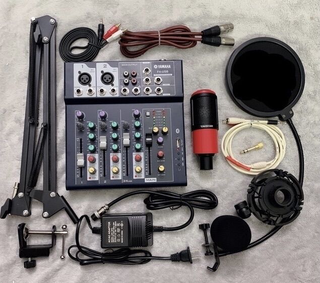Combo thu âm livestream mixer f4 usb bluetooth-mic pc k320 kèm phụ kiện bảo hành 12 tháng