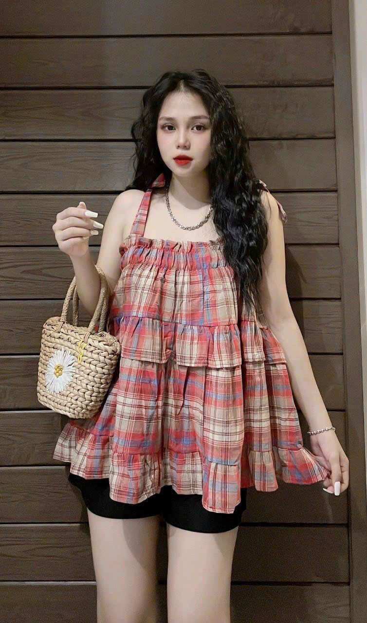 Áo dây cột vai xô caro sang xịn mịn