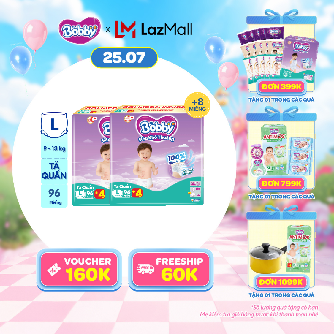 [SALE CUỐI THÁNG QUÀ TO][TẶNG MIẾNG NGẪU NHIÊN] Combo 2 Tã/bỉm quần Bobby 3mm Mega Jumbo Siêu khô thoáng L96