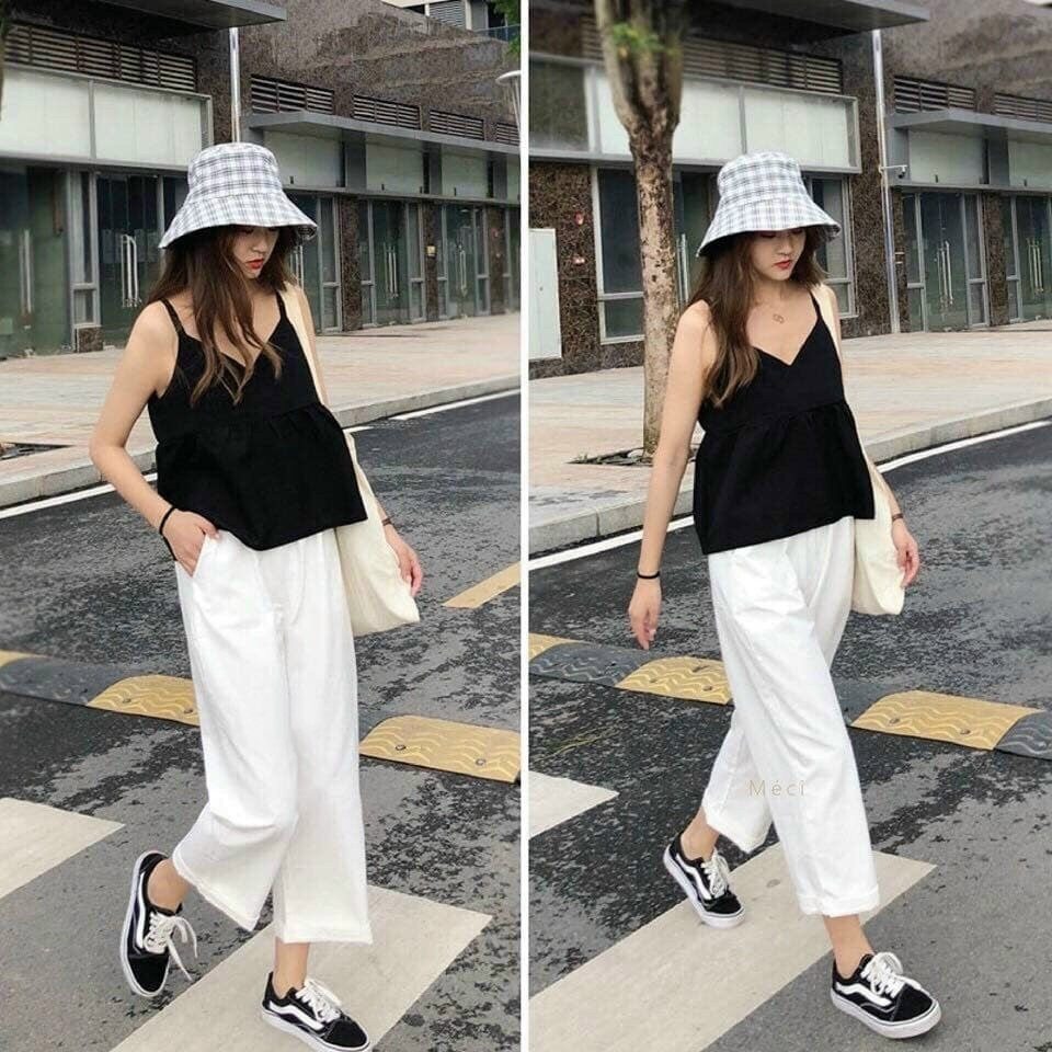 Quần suông ống rộng MIE culottes khoá trước lưng thun dáng lỡ chất đũi