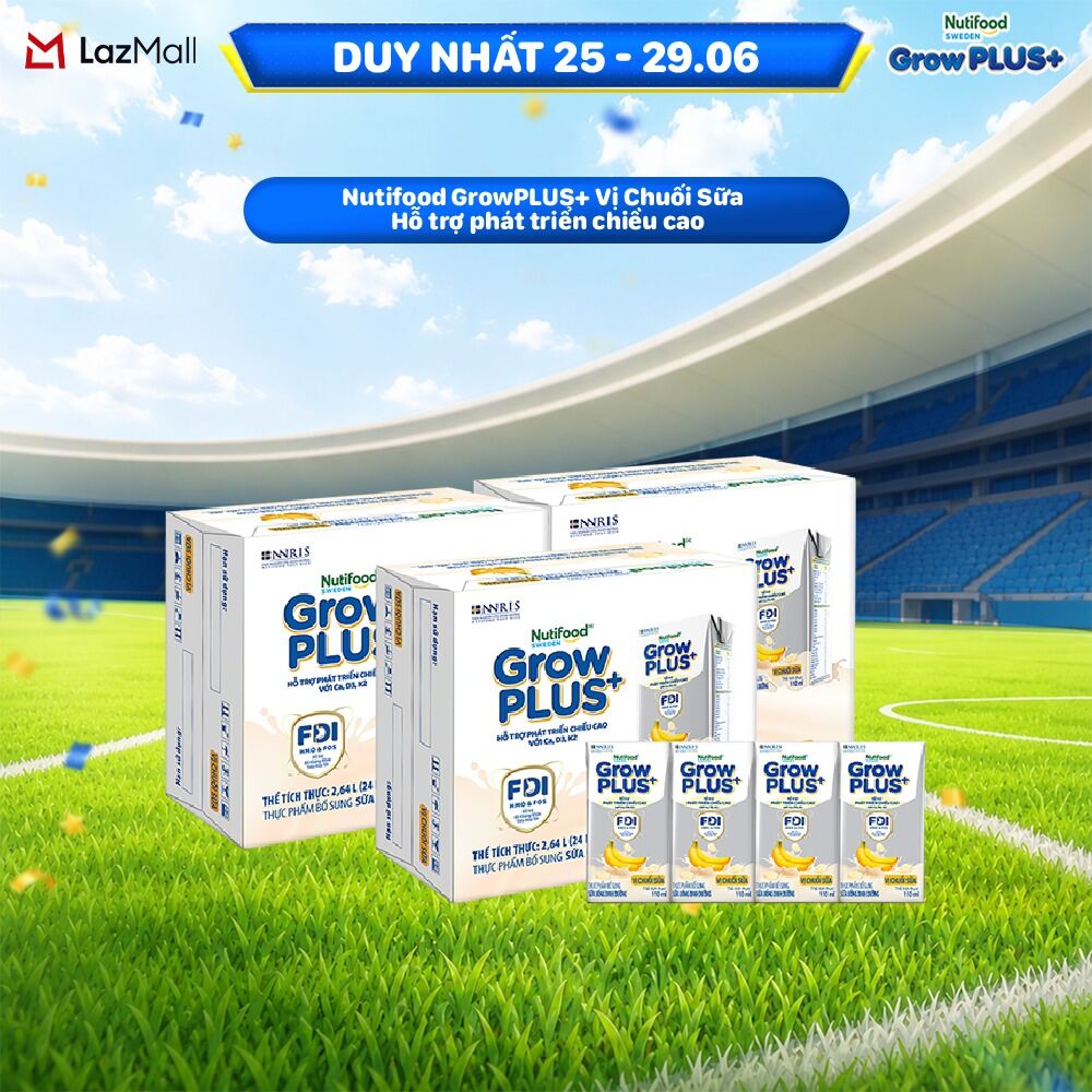 Combo 3 Thùng 24 hộp Sữa bột pha sẵn Nutifood Sweden GrowPLUS+ Vị Chuối Sữa hộp 110ml - Hỗ trợ phát triển chiều cao