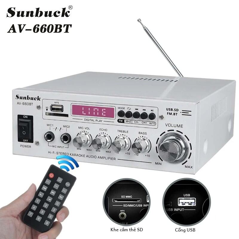 Bộ Khuếch Đại Âm Thanh SUNBUCK AV-660BT 2.1 Kênh Có Bluetooth EQ FM USB Thẻ SD 2 Đầu Vào Mic Cho Rạp Hát Họp Xe Tại Nhà