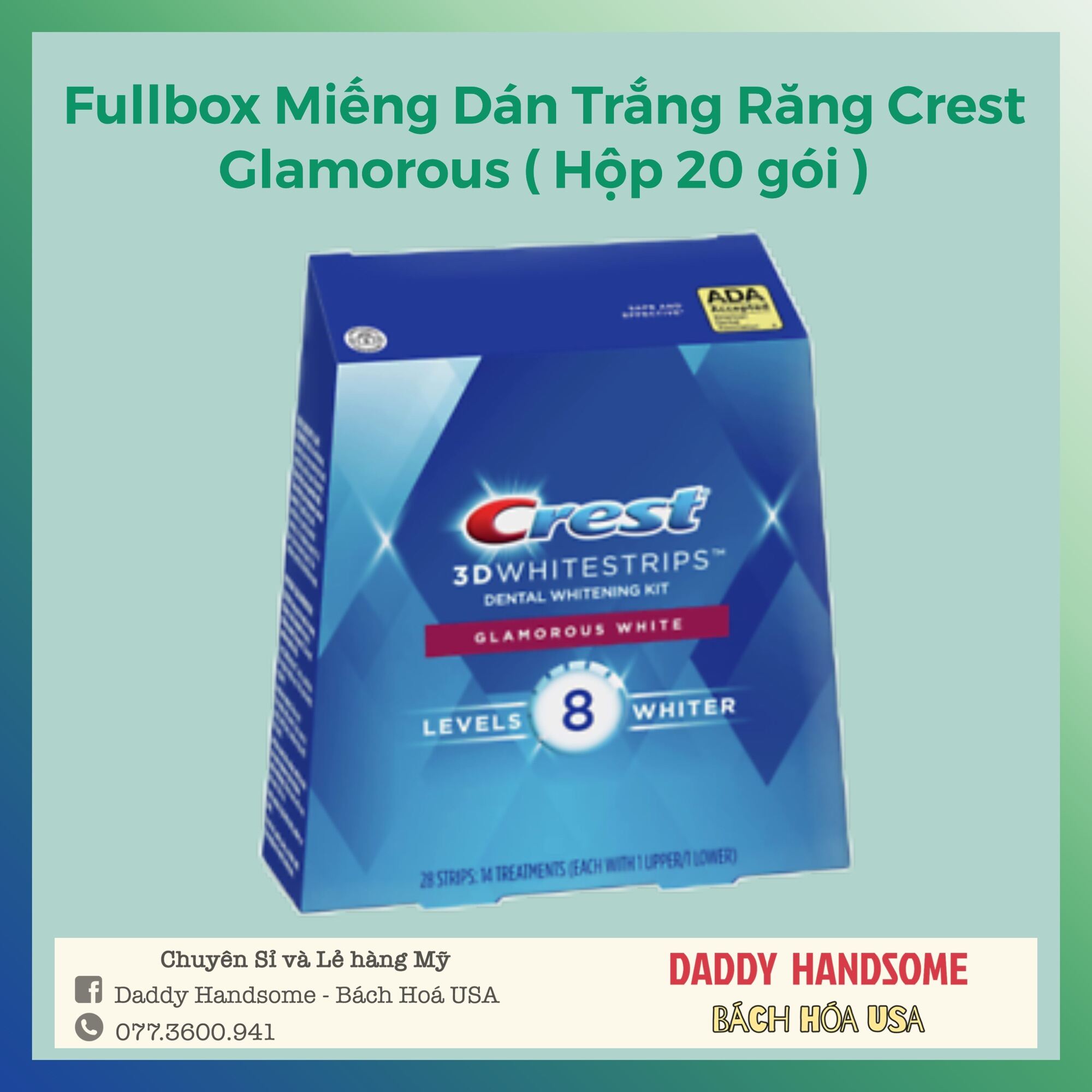 FULL BOX Hộp Miếng Dán Trắng Răng Crest 3D Glamorous White Răng Nhạy Cảm