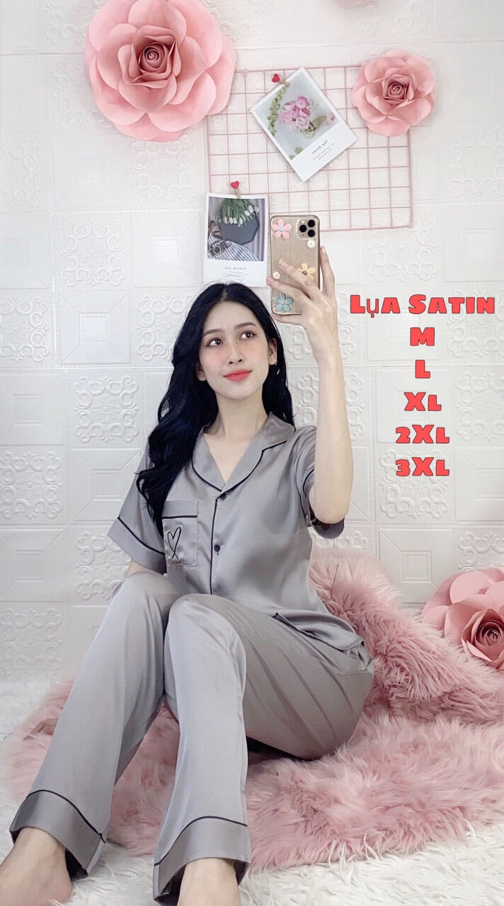 Bộ lụa satin viền màu trơn qdtn_cứ đơn giản mà lại xinh_big size 2xl dưới 75kg