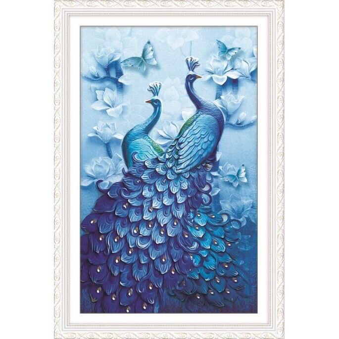 Tranh thêu chữ thập đôi công xanh 53585 52x72cm chưa thêu