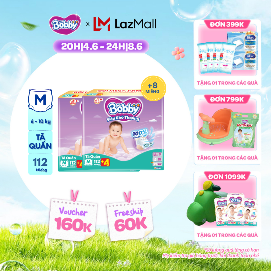 [QUÀ TẶNG HẤP DẪN TỪ 9-10.6][TẶNG MIẾNG NGẪU NHIÊN] Combo 2 Tã/bỉm quần Bobby 3mm Mega Jumbo Siêu khô thoáng M112