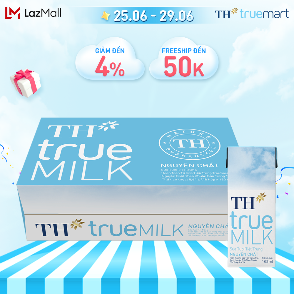 Thùng 48 hộp sữa tươi tiệt trùng nguyên chất TH True Milk 180ml (180ml x 48)