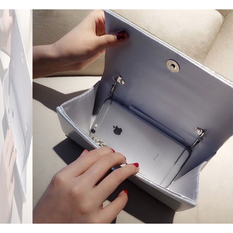 Ví cầm tay đính đá trơn basic cao cấp size trung mini