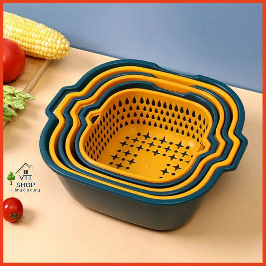 Set rổ nhựa kèm chậu 6 món cao cấp, bộ 3 rổ 3 chậu, bộ thau rổ đa năng nhà bếp mẫu mới.