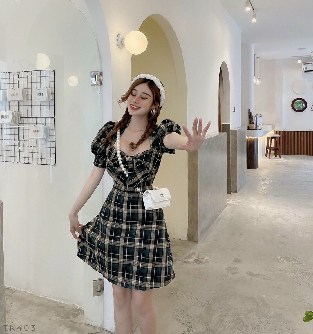 ĐẦM CARO XANH PHỐI NƠ (CÓ ĐỦ SIZE SML)