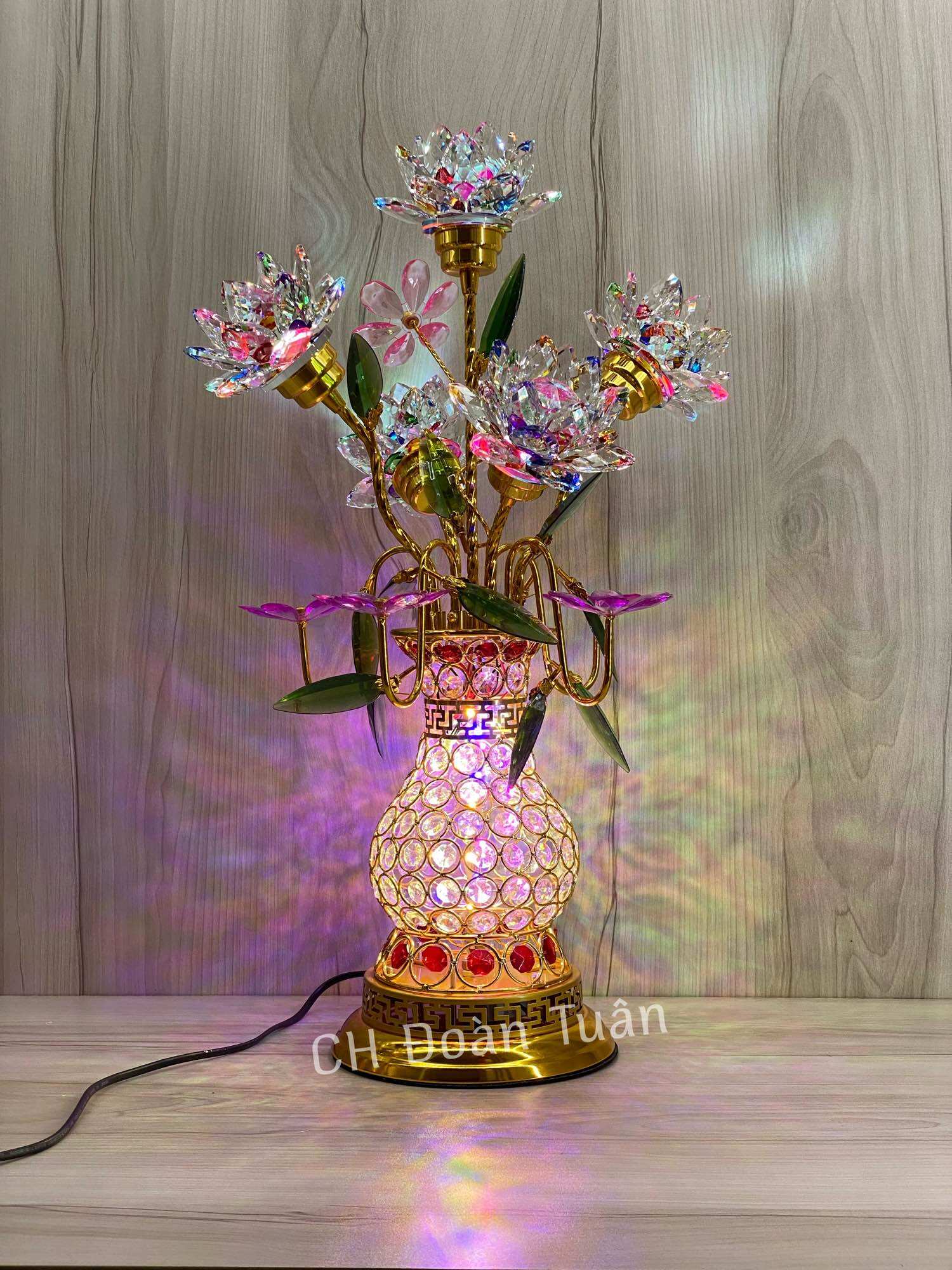 đèn thờ bình bông pha lê cao cấp - đèn bình 5 bông pha lê