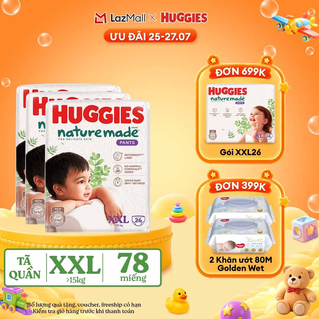 [25-29.7 QUÀ TẶNG ĐƠN 399K]  Combo 3 Tã/Bỉm quần HUGGIES PLATINUM NatureMade XXL26 (Trên 15kg)-Gói Jumbo 26 miếng