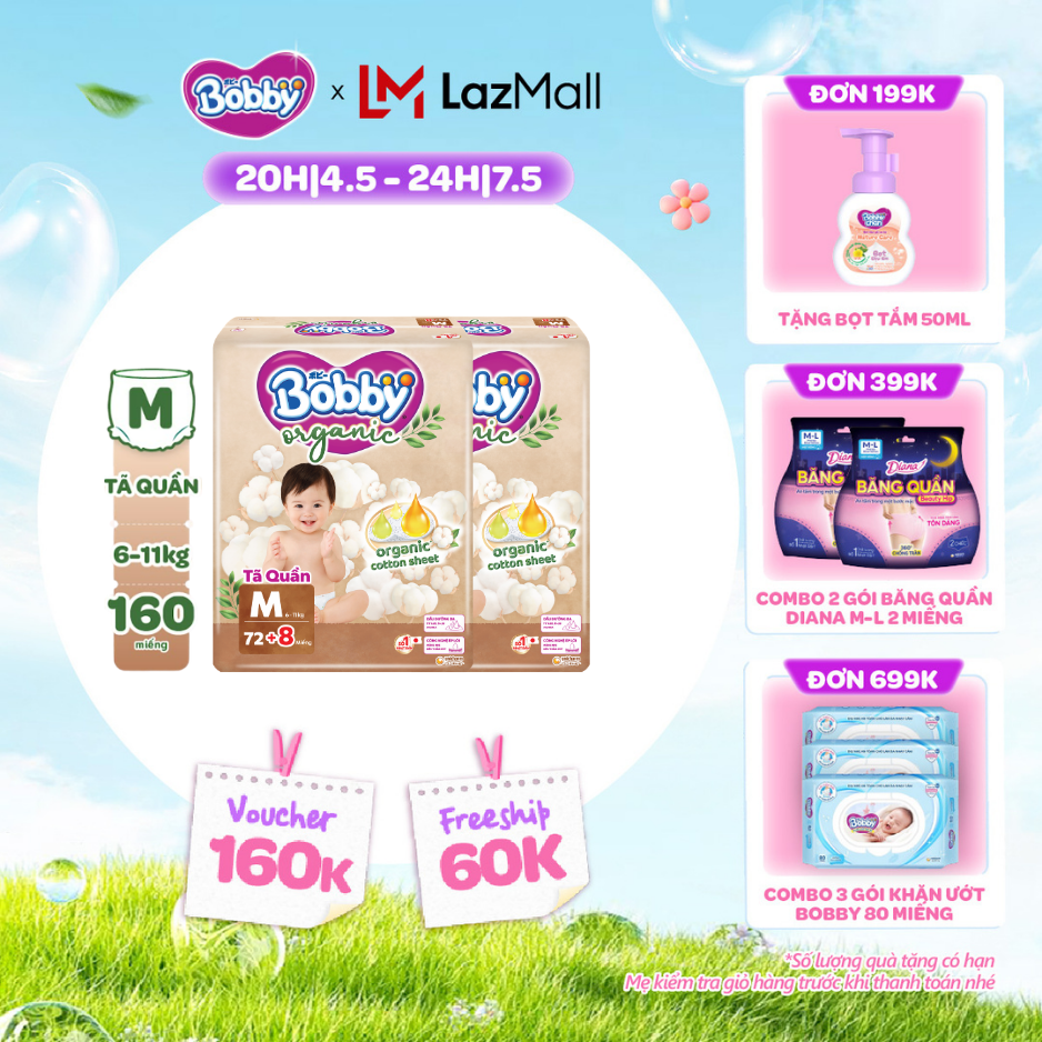 [CHỈ 20h 04-07.05 QT Đơn 899K/1199K][COMBO 2] [TẶNG KÈM 8 MIẾNG] Tã quần cao cấp Bobby Organic chăm sóc dịu nhẹ từ thiên nhiên M72