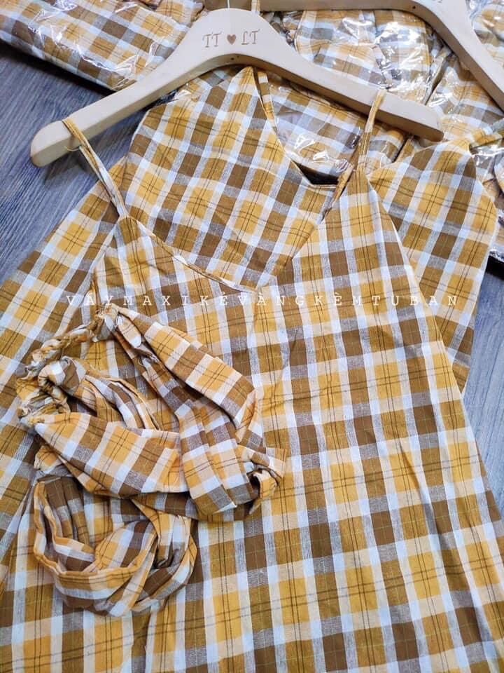 Váy Kẻ Caro Vàng + Turban Maxi Chất Thô Mềm Đẹp