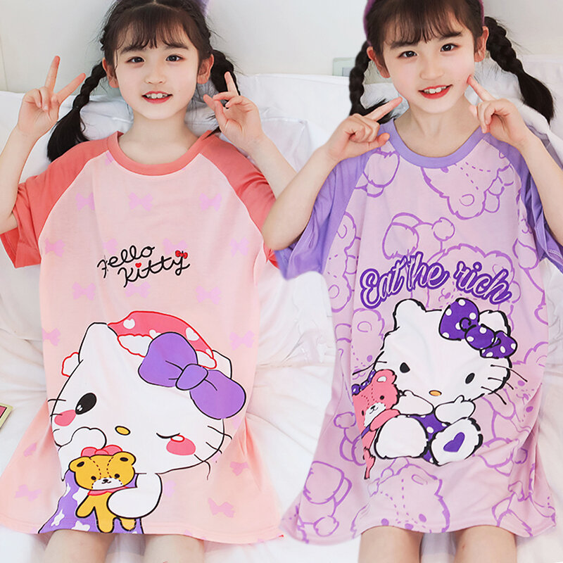 Váy ngủ bé gái váy ngủ bé gái tay lửng tay cotton hello kitty đáng yêu thường ngày mẫu mỏng cotton mùa hè ngắn tay