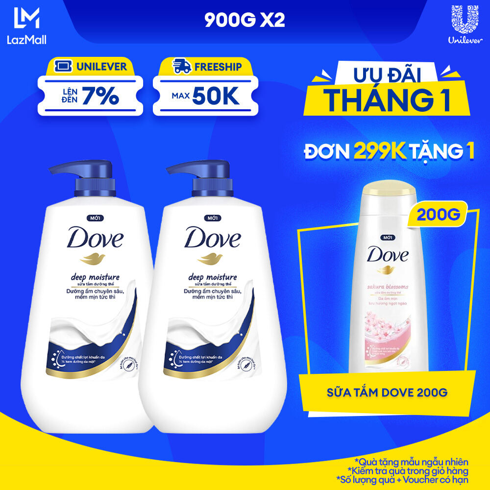 Combo 2 Sữa tắm dưỡng thể Dove Deep Moisture Dưỡng ẩm chuyên sâu với dưỡng chất lợi khuẩn da 900g/chai