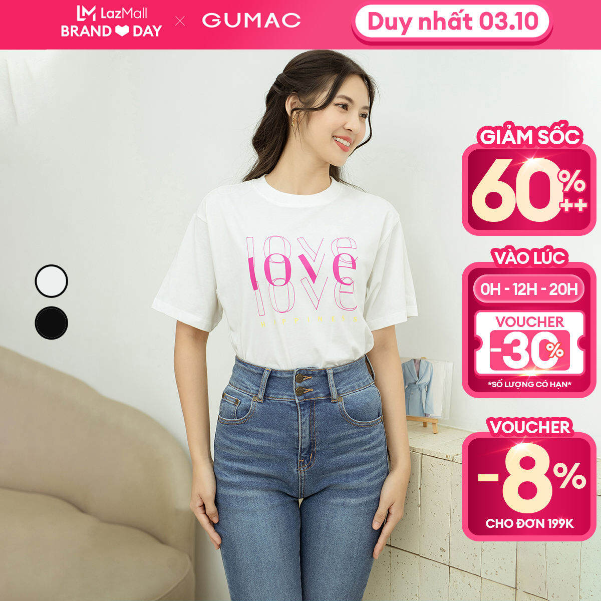 Áo thun nữ tay ngắn trẻ trung GUMAC ATD08052 dáng rộng có in chữ