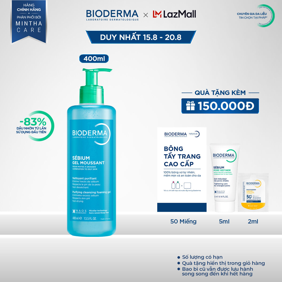 Gel rửa mặt tạo bọt cho da hỗn hợp và da dầu Bioderma Sebium Gel Moussant - 400ml
