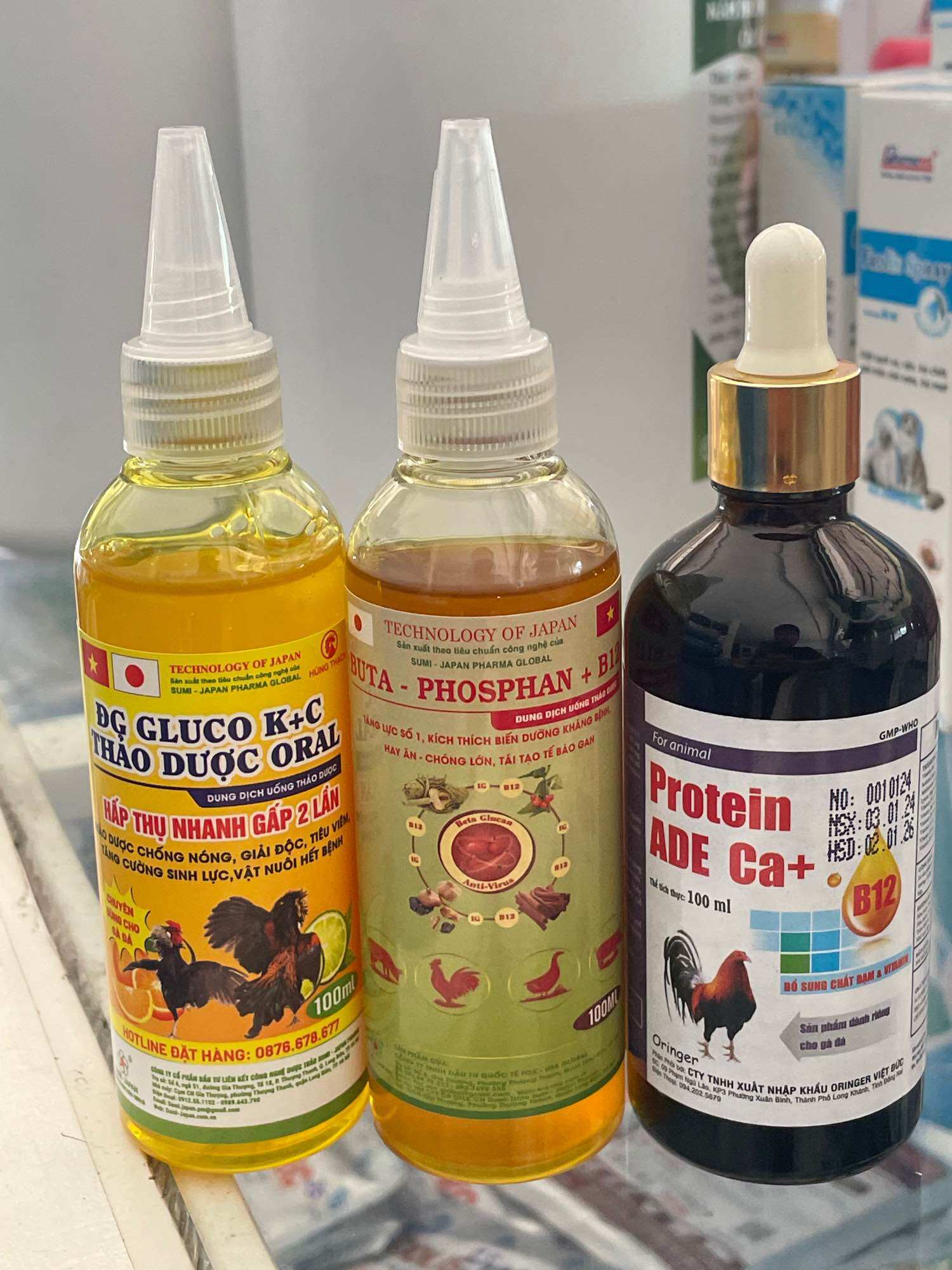 Combo 3 chai 100ml Thuốc nuôi gà đá chế độ, giải độc gan, sung hừng gà, tăng nước máu cho gà chế độ Protein ADE b12 Ca, Buta Phosphan, Gluco kc