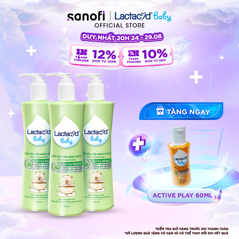 Bộ 3 chai Sữa Tắm Gội Trẻ Em Lactacyd Baby Extra Milky Làm Sạch Dịu Nhẹ và Dưỡng Ẩm Vượt Trội 500ml/chai