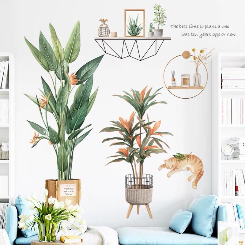 Decal dán tường 2 chậu cây và mèo.