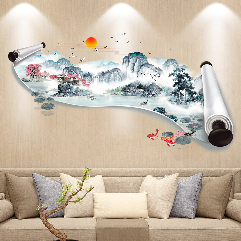Tranh sơn thủy thủy mặc sáng tạo tranh trung quốc giấy dán tường nền tivi phòng khách giấy dán trang trí tự dính tranh dán tường lập thể 3d