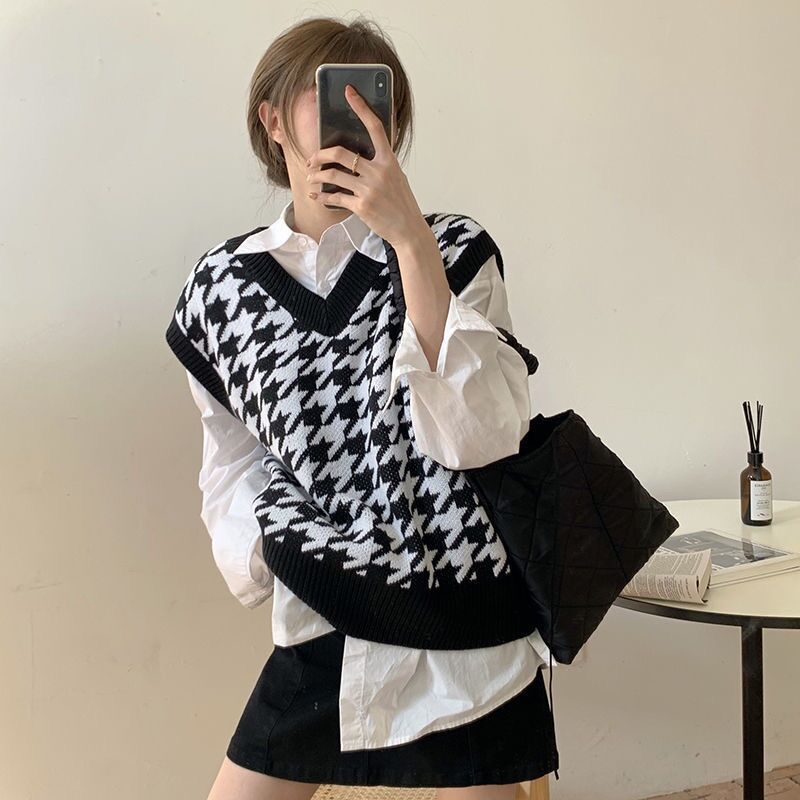 Áo Gile len kẻ caro Vintage dáng xuông không tay chất dày