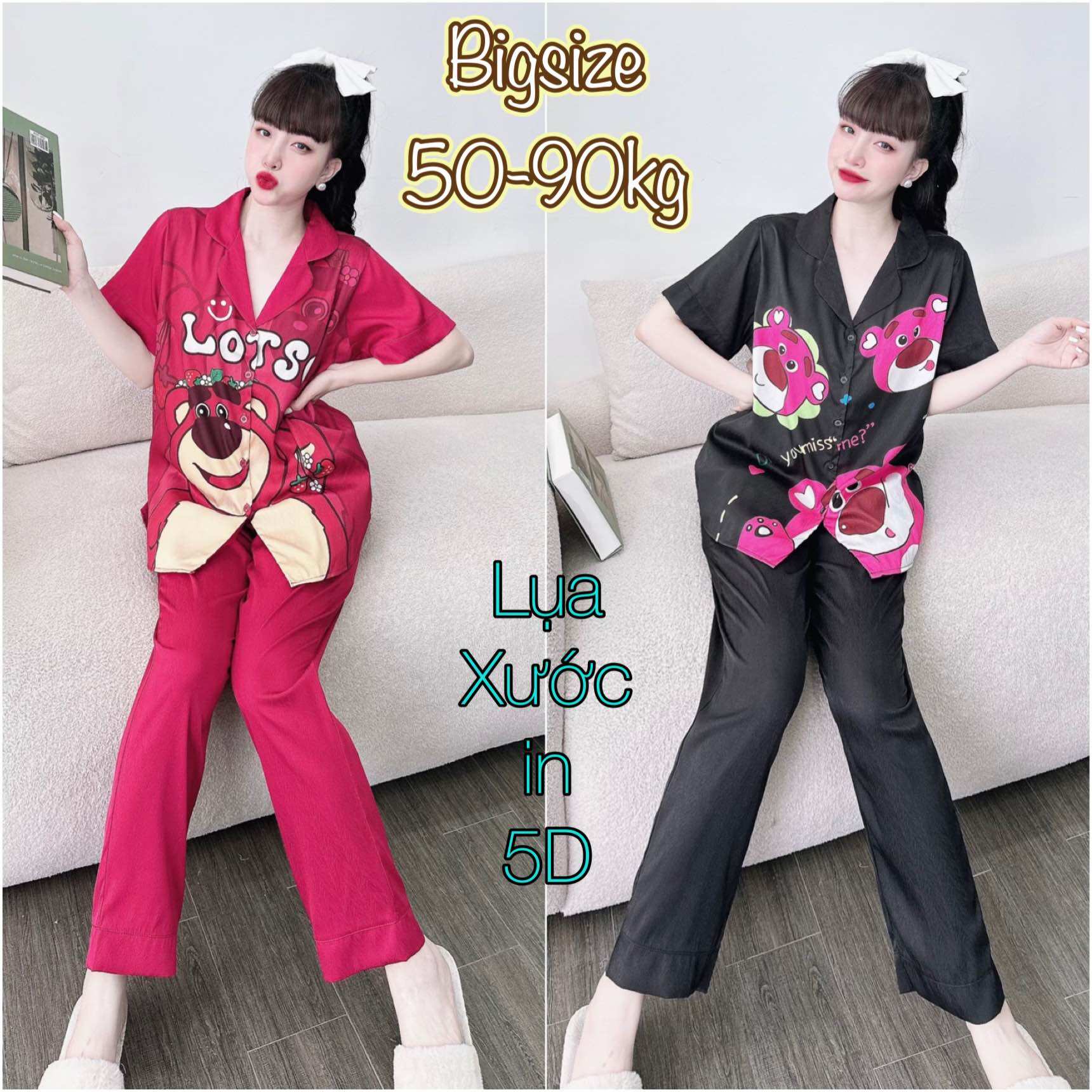 Đồ bộ lụa xước ánh kim in 5d bigsize 55-90kg - tay ngắn quần dài