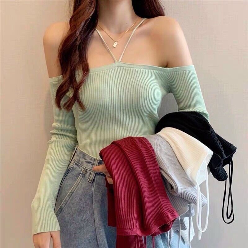 Áo len tăm nữ dài tay -áo len trễ vai cổ yếm sexy