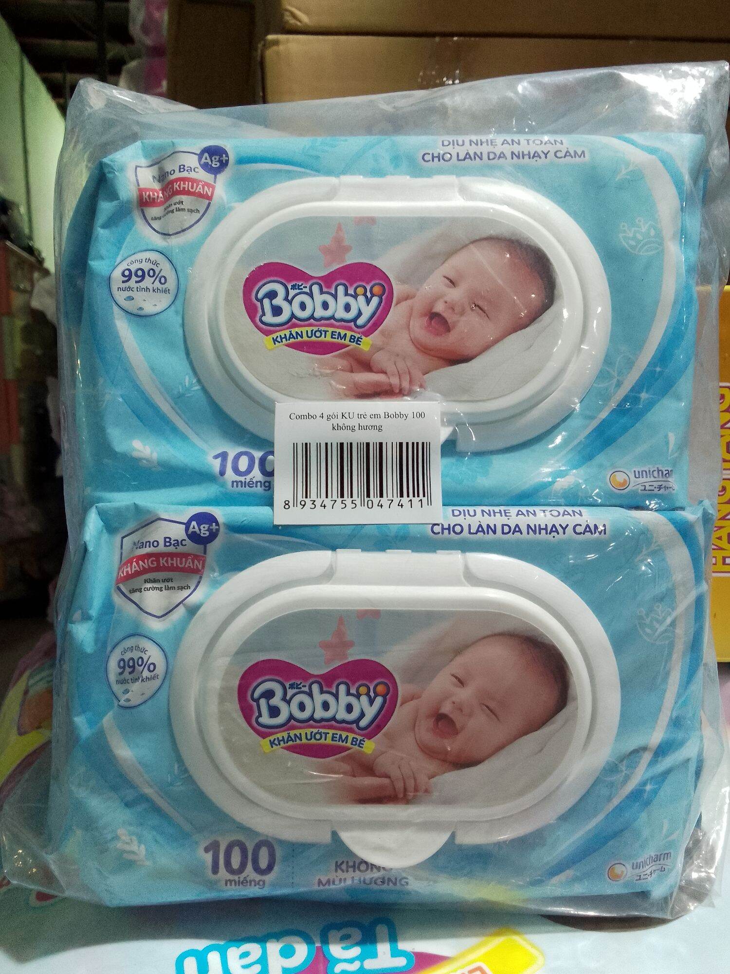 Bộ 4 gói Khăn giấy ướt trẻ em Bobby care nano kháng khuẩn không mùi hương