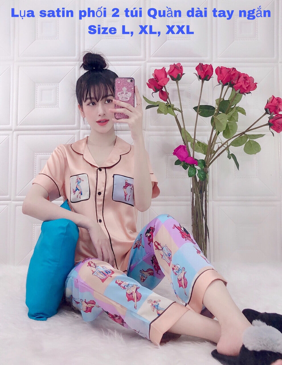 Bộ lụa satin phối qdtn xinh xắn