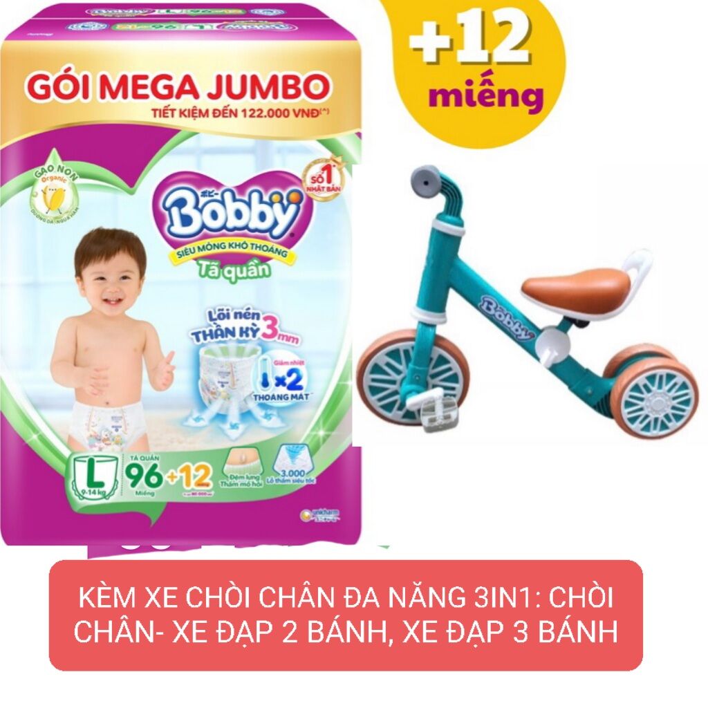 Kèm xe chòi chân có bàn đạp . tã quần bobby mega jumbo bọc lớn đủ size.