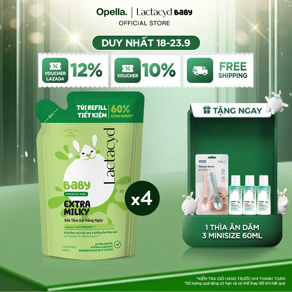 Bộ 4 Túi Refill - Sữa Tắm Gội Trẻ Em Lactacyd Milky Bảo Vệ, Nuôi Dưỡng Da và Tóc Bé Vượt Trội 400ml