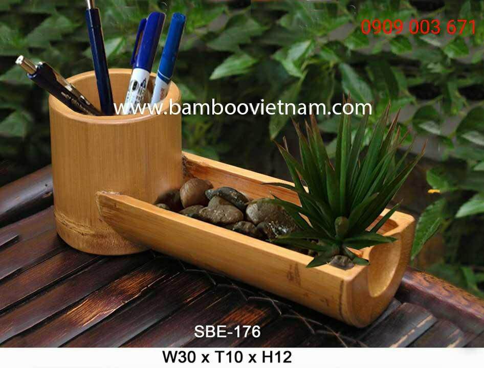 Ống tre cắm bút kết hợp khay đựng namecard