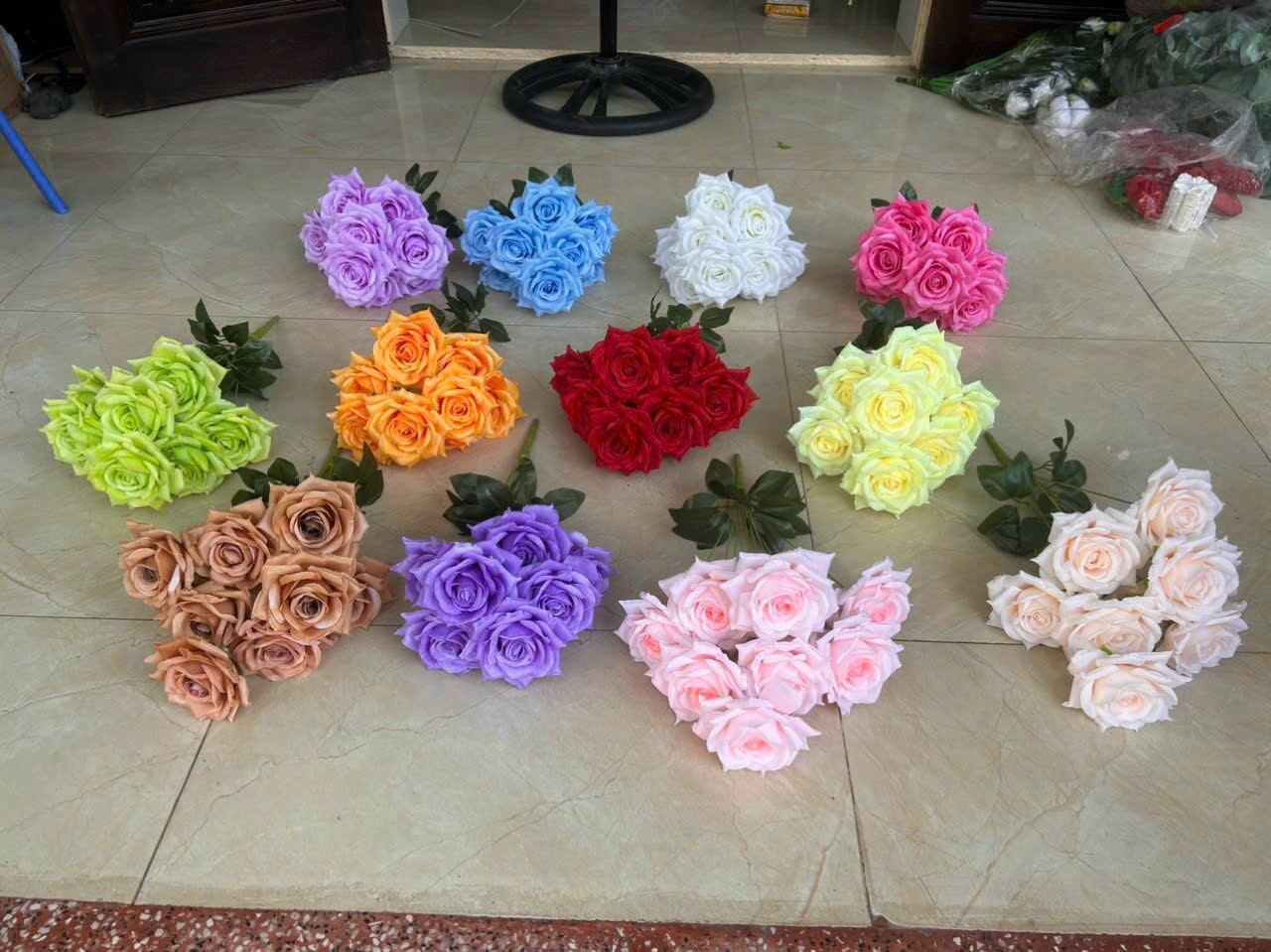Cụm Hồng Xoan 9 bông Size 12cm_ Hoa Lụa Trang Trí