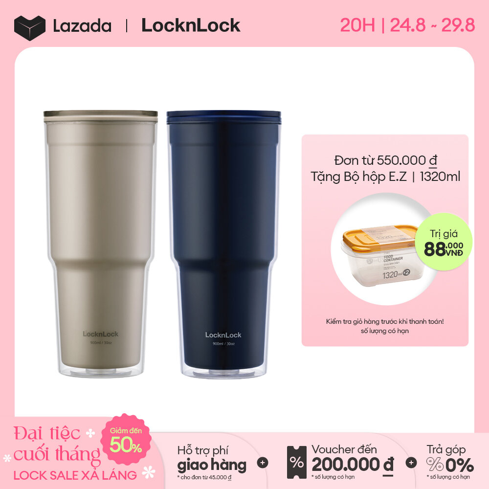 Ly Nhựa 2 lớp DoubleWall ColdCup 900ml HAP502 - màu xanh/kem - có nắp trong suốt