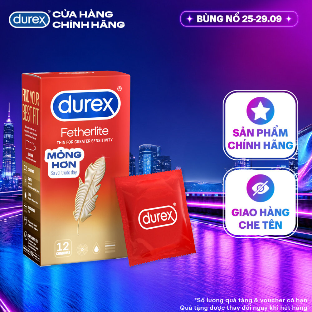 Bao cao su Durex Fetherlite siêu mỏng, size 52.5mm, 12 bao/hộp