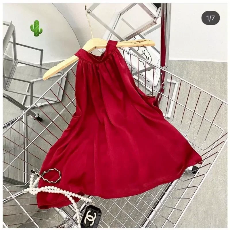 🎀 Áo kiểu cổ yếm đỏ tươi form xoè siêu xinh (có zíp sau), chất phi lụa mềm mịn🎀